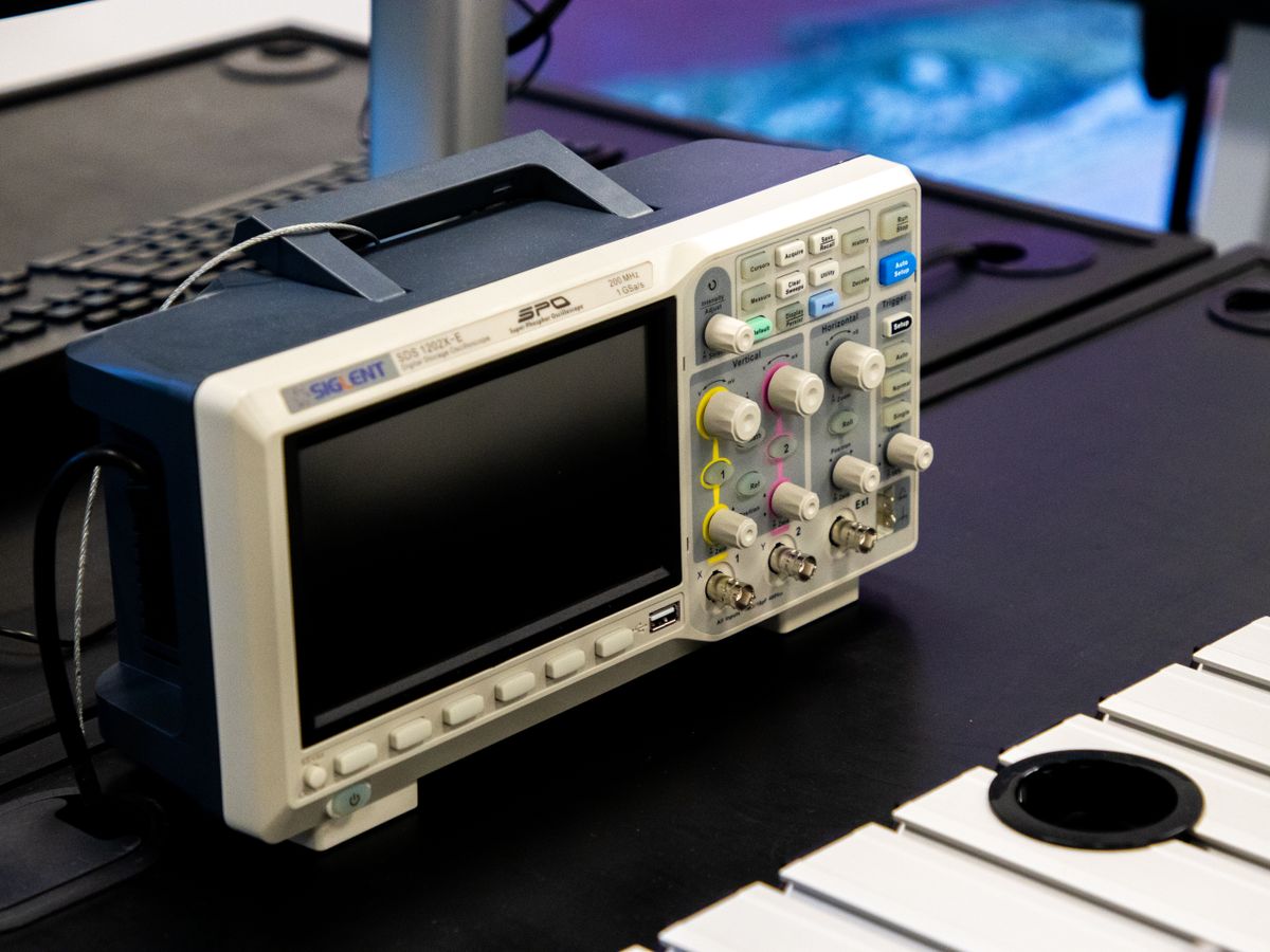 Digital oscilloscope on a lab bench